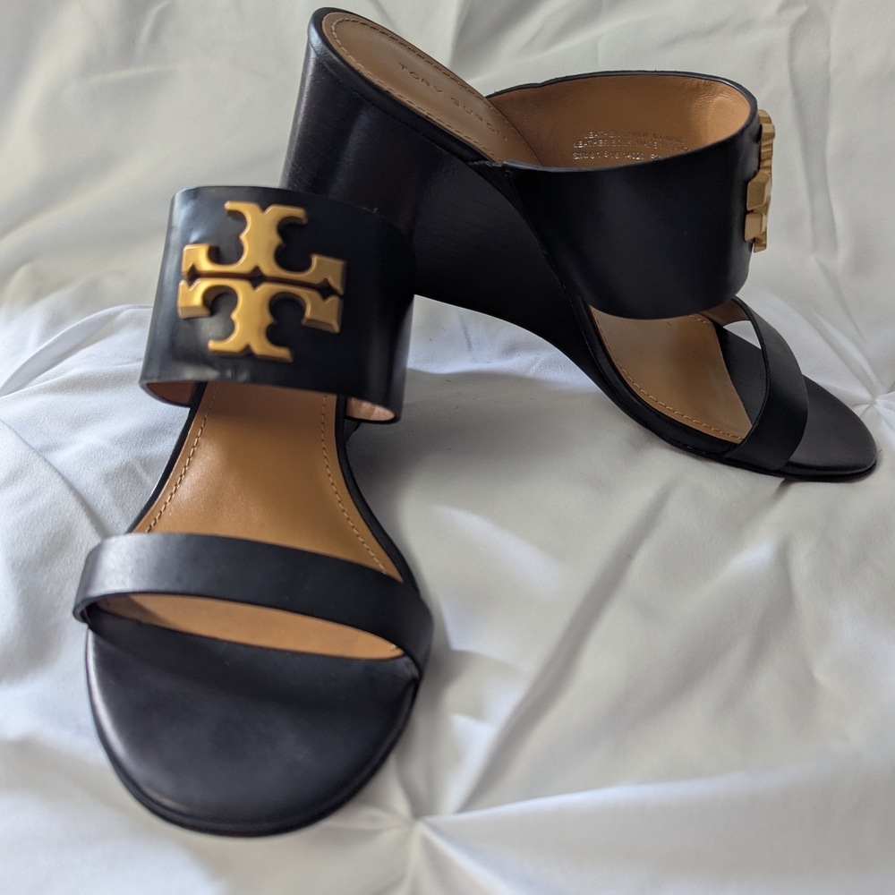 Tory Burch Black and Gold Wedge Mules